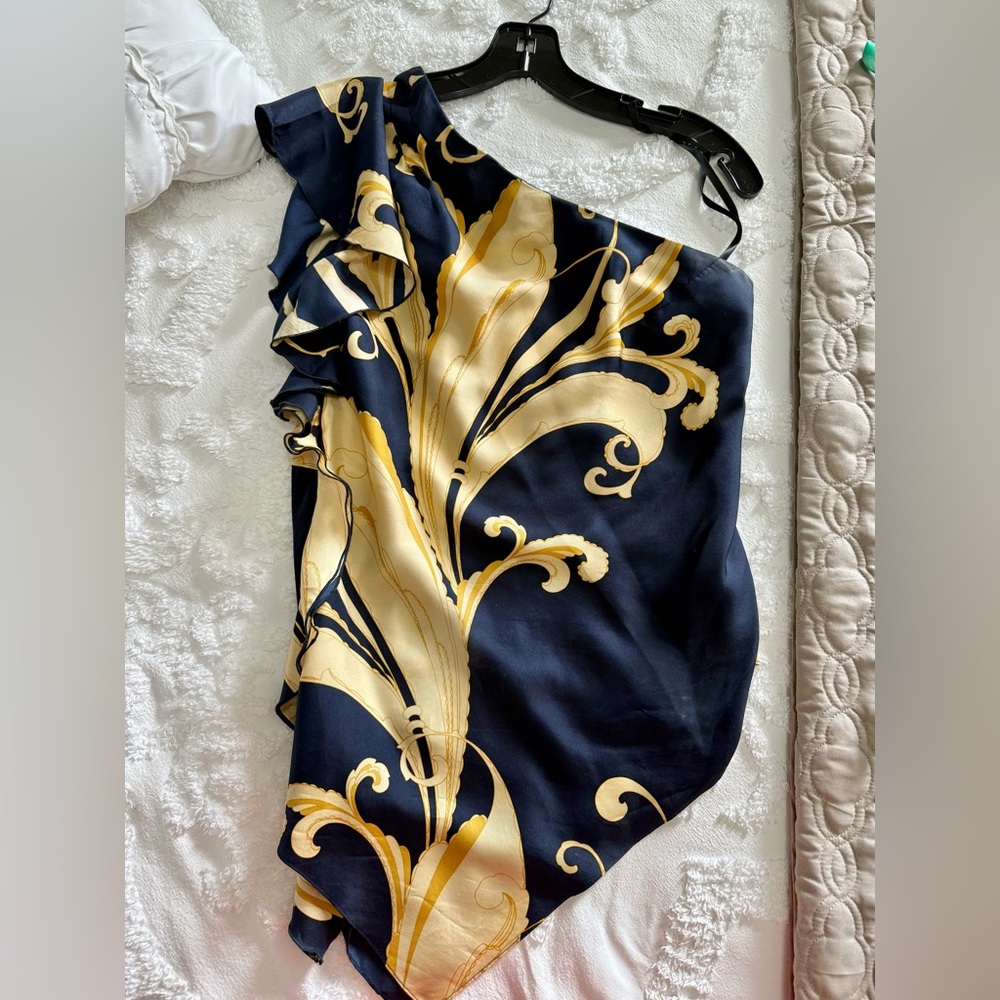 Etcetera Silk Navy and Gold One-Shoulder Ruffle Top Size 4